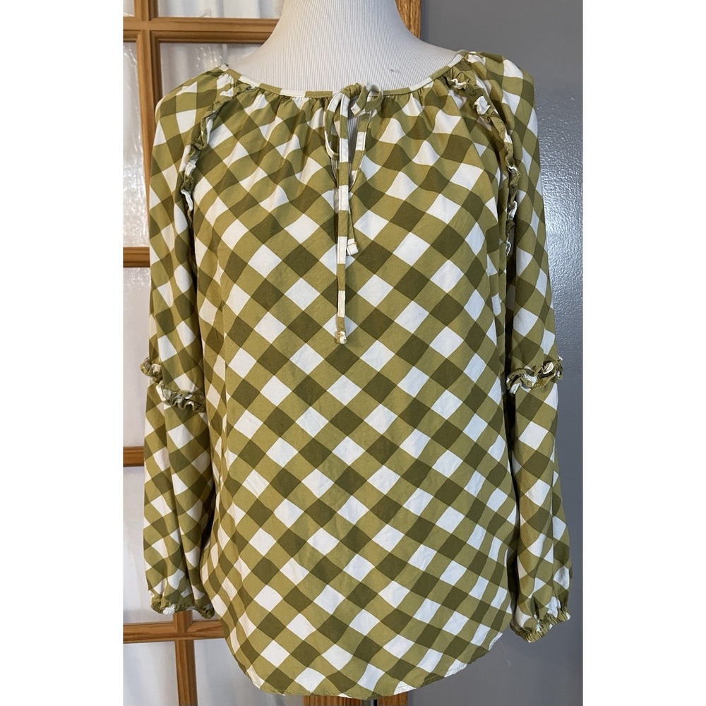 Pullover Argyle Blouse Women's Sz L Olive White Ruffles Long Sleeve Peasant Boho